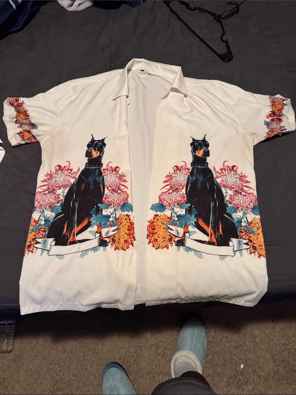 Men's White Short-Sleeve Button Down Shirt with Black Dog Graphic